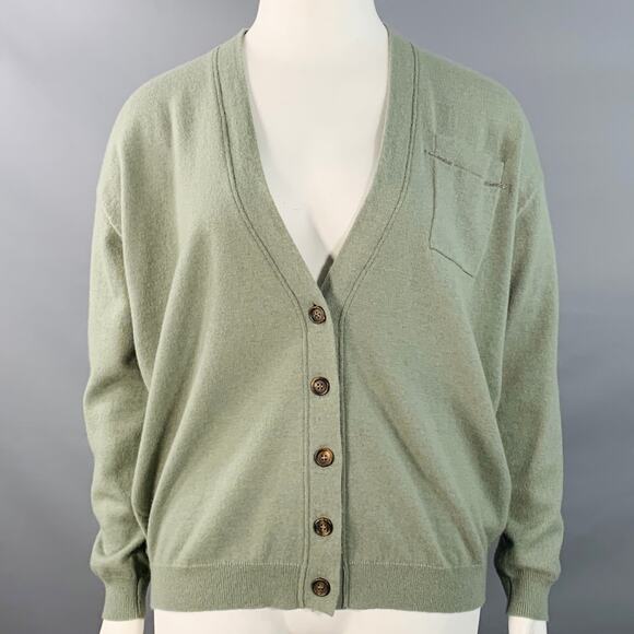 Size L Sage Green Cashmere Monili Beaded One Pocket V-Neck Cardigan - Picture 1 of 7